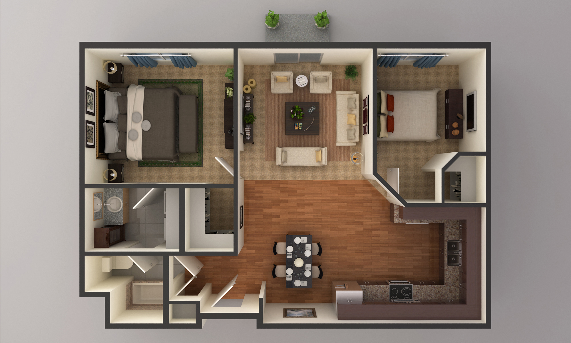 Floor plan for 2 beds, 1 bath, 985 sqft